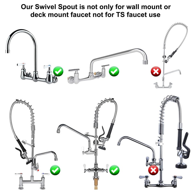 KWODE 8â€ Swivel Swing Nozzle Spout Replacement Kit for All Brand Commercial Kitchen Sink Faucet with M25*1.25mm Connector Size and 2.2 GPM Aerator, 360Â°Stainless Steel Add-on Spout Chrome Finish - Image 5